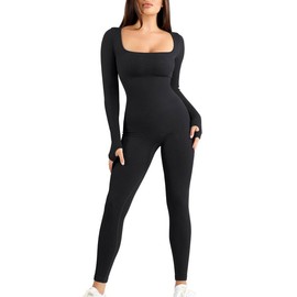 Popilush Jumpsuits for Women Long Sleeve Built-In Bra Square Neck Full Length Leggings Bodycon Stretch Workout Outfits