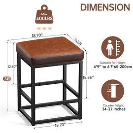 Raynesys Raynesys Counter Height Bar Stools Set of 2, 24" Barstools for Kitchen Countertop, Faux Leather Counter Stools with Thick Square Seats & Sturdy Metal Base, Simple Assembly, Brown