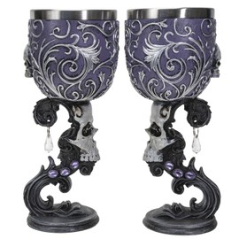 Ebros Gift Set Of 2 Gothic Ossuary Macabre Death's Desire Silver Scrollwork Victorian Skull Wine Goblets 7oz Silver Baroque Detailing Feline Cats Beverage Chalice Cups
