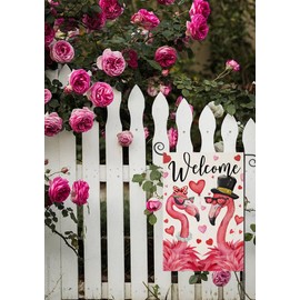 Welcome Valentines Garden Flags for Outside, Lovely Flamingo with Love Hearts Small Seasonal Decoration for Holiday Anniversary Wedding Yard Outdoor 12x18 Inch Double Sided