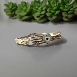 Silver Heart Bangle Bracelet with Blue Enamel, Crystal Rhinestones, Hinged Clasp