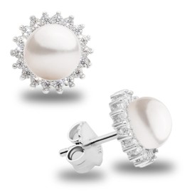 Women Pearl Stud Earrings, Fresh Water Cultured Pearls Button Shape 8-9 mm with Small Zirconia Stones Secret & You | Sterling Silver 925 Mounts with big nuts.