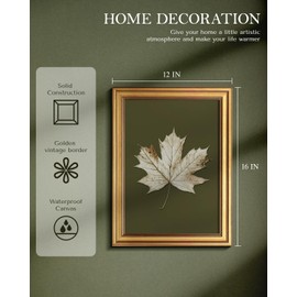 Vintage Gold Framed Autumn Leaf Canvas Wall Art, 12x16 Inch Botanical Maple Leaf Artwork Green White Print, Rustic Natural Living Room Bedroom Home Decor