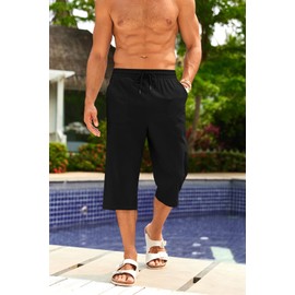 PASLTER Men's Linen Capri Pants Casual Lightweight 3/4 Pants Elastic Waist Drawstring Beach Yoga Shorts with Pockets Black