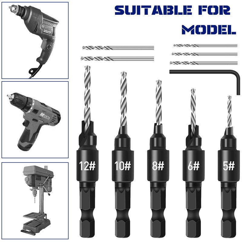 Wood Countersink Drill Bit Set, 5pcs Quick Change Adjustable Countersink