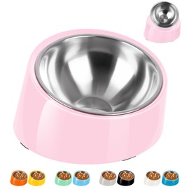 Petvillage Tilted Angle Dog Bowl, 15° Slanted Stainless Steel Dog Cat Food Bowl, Non-Slip & Non-Spill Pet Feeder with Elevated Detachable Melamine Stand, Easy to Get Food Dog Dish, S/0.5 Cup Pink