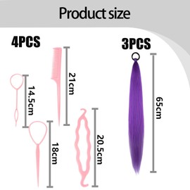 3 Pcs 26 Inch Purple Hair Extensions, Long Straight Purple Hair Braid With 4pcs Tool Kit, Braids Extensions Can Turn into Braids Suitable for Halloween Costumes for Female Stage Performances