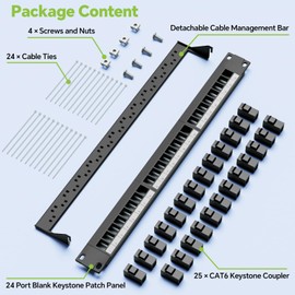 LEENUE 24 Port Keystone Patch Panel with 25 Pack Gold-Plated CAT6 Keystone Couplers, 10Gbps, 1U Cat6 Patch Panel with Detachable Cable Management Bar for Wall Mounted and Home Networking