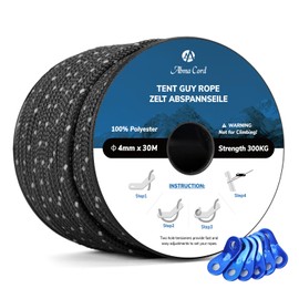 Abma Cord Guy Ropes Tent Cord with 6 Pieces Rope Tensioners 4 mm 30 m Tent Rope for Camping, Tents, Awning, Reflective Black