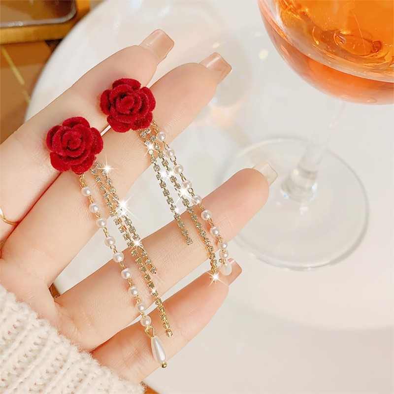 Long Chain Flower Drop Dangle Earrings for Women Sparkly Crystal