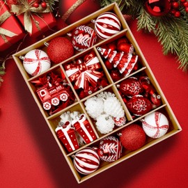 Alupssuc 82pcs Christmas Balls Ornaments Set, Delightful Classic Gift Set Gift Set, Shatterproof Plastic Decor for Xmas Tree Holiday Wedding Party Decorations with Hanging Strings, Red and White