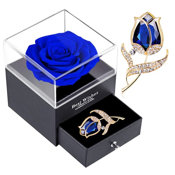 SWEETIME Preserved Rose Gift Enchanted Real Blue Rose with Sapphire Rose Brooch, Eternal Flower Rose, Handmade Rose in Box with Pin, Forever Blue Rose Gift for her on Mother's Day, Birthday.