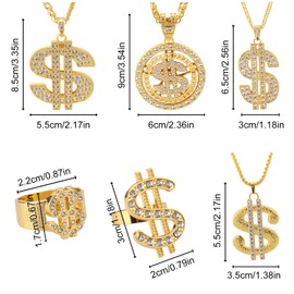 Goktvai 6pcs Hip Hop Costume Kit for Men, Fake Gold Chains 80s 90s Rapper Accessories with Dollar Sign Necklace & Rings for Rapper Themed Parties & Retro Outfits Decoration