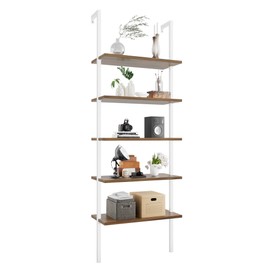 Flamaker 5-Tier Wall Mounted Ladder Shelf, Bookshelf with Metal Frame, Wood Board and Metal Frame, Modern Tall Narrow Storage Organizer for Home Office (White)