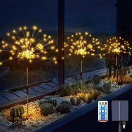 Upgrated 3 Pack Solar Garden Path Lights with Remote, 120 LED Solar Firework String Lights Outdoor, 8 Modes Landscape Stake Lights for Walkway Backyard Patio Christmas Wedding Party (Warm White)