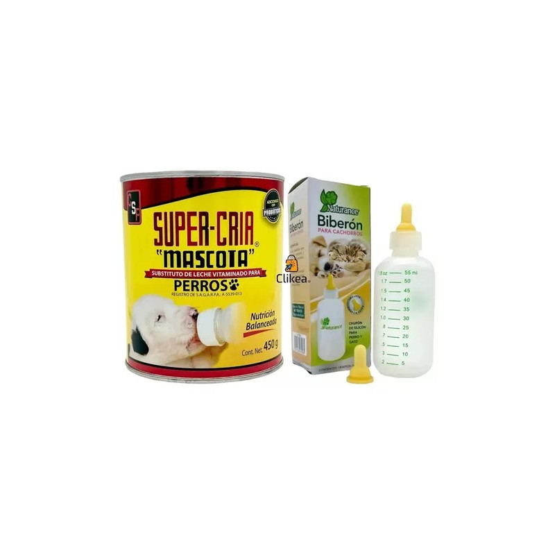 Kit Leche Super Cria Mascota Cachorros 450 Gr Con Biberon