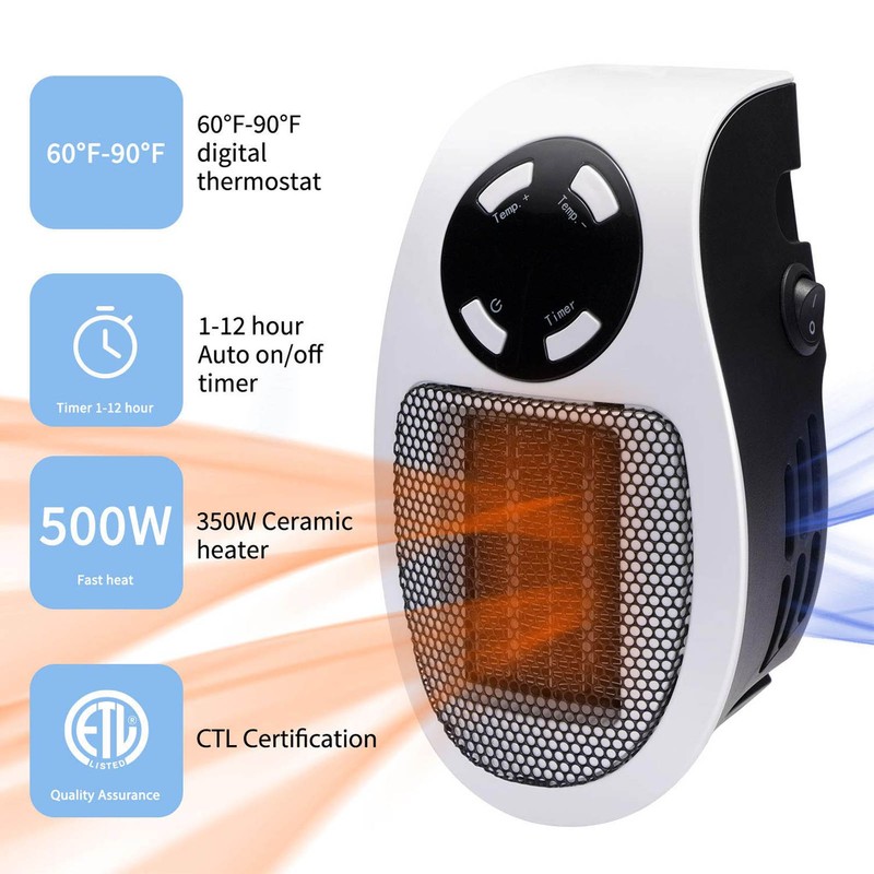 Portable Heater LED Display PTC Wall Outlet Electric Timer for