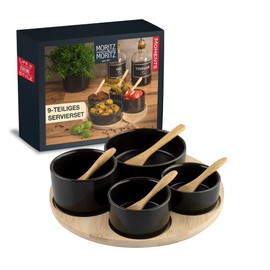 Moritz & Moritz 9-Piece Serving Bowls Set Black with Bamboo Spoon - Ceramic Bowls Set as Tapas Bowls, Dip Bowls, Snack Bowls and Dessert Bowls