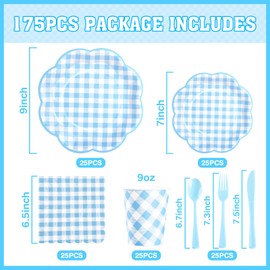 175 Pcs Blue Gingham Plates and Napkins Party Supplies - Blue and White Checkered Plates Sets Serve 25 Guests - Scalloped Gingham Paper Plate for Birthday Dinner Wedding Baby Shower Party Decorations
