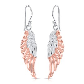 DTPsilver® Small Hook Earrings 925 Sterling Silver, Two-Tone Yellow Gold-Plated or Rose Gold Plated – Angel Wings – Earrings Measure 11 x 45 mm, Sterling Silver, Easy to use