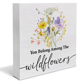 Spring Decor, Rustic You Belong Among the Wildflowers Wood Sign Spring Art Decorations Tabletop Shelf Desk Home Decor, 5 X 5 Inches