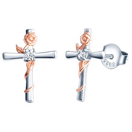 INFINIONLY Women's girl's Earrings Studs, 925 sterling silver earring stud, Rose gold flower entwined with silver cross earrings, Double color plating process, Elegant, Inlaid with shiny zircon
