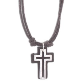 Cruz Accessories Open Cross with Leather Back on Double 16" Cord Vintage Look Necklace (Brown)