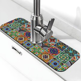 Faucet Drying Mat for Kitchen Sink Absorbent Microfiber Fast Drying Mats Splash Guard Drip Catcher Bathroom Washbasin Drying Pad 15x5.5 in (Talavera Mexican Tiles)