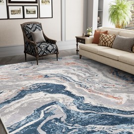 YUIlili 8x10 Washable Rug for Living Room Modern Area Rug Low Pile Soft Abstract Rugs Large Blue and White Rugs with Non-Slip No Shedding Coastal Carpets for Bedroom, Dining Room