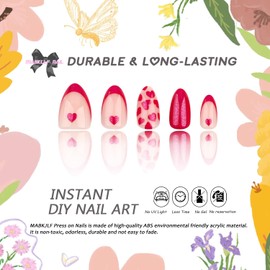 Valentines Press on Nails Short Almond MABKJLF Red French Tip Fake Nails False Nails with Designs Heart Full Cover Glossy Glue on Nails Valentine's Day Stick on Nails for Women Girls 24 Pcs