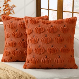 Softalker Fall Decorative Throw Pillow Covers 16 x 16 Inch Set of 2, Thanksgiving Autumn Harvest Pumpkin Faux Fur Cushion Covers, 3D Embroidered Pillow Cases for Couch Bedroom Living Room Decor, Rust
