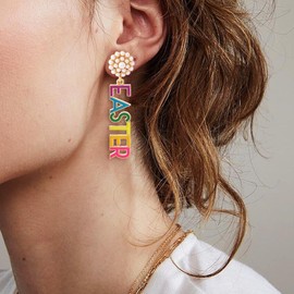 Aksod Easter Earrings Colorful Rabbit Bunny Egg Earrings Dangle Funny Dripping Oil Festival Earring for Women (Style F)