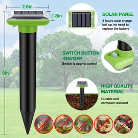 Ultrasonic Mole Repellent Outdoor, 2 Pack Gopher Repellent Solar-Powered for Lawn Yard and Garden, Waterproof Mole Killer Traps, Effectively Repels Gopher Vole Groundhog Snake, Green