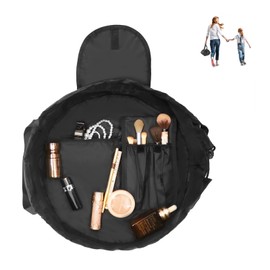 Barrel Drawstring Cosmetic Bag for Women – Travel Accessories for Girls Make Up Organizer Bag for Toiletry with Brush Area (Black)