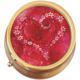Red Flower Heart Hearts Inside Brass Round Pill Box