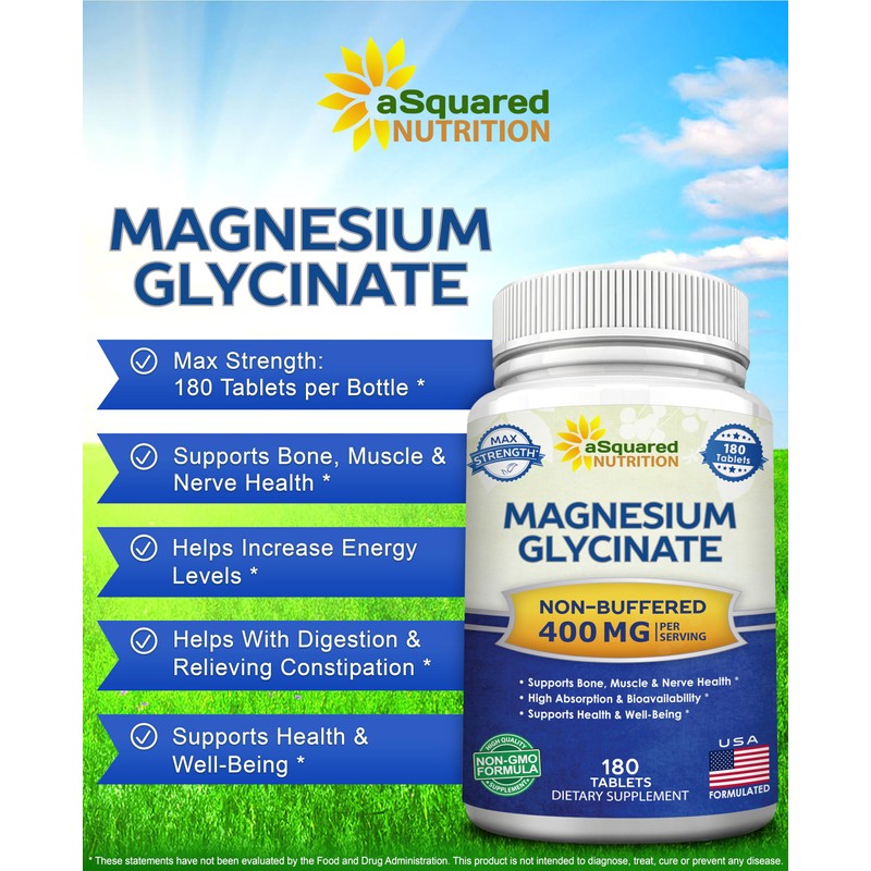 aSquared Nutrition Magnesium Glycinate 400mg - 180 Tablets - Max