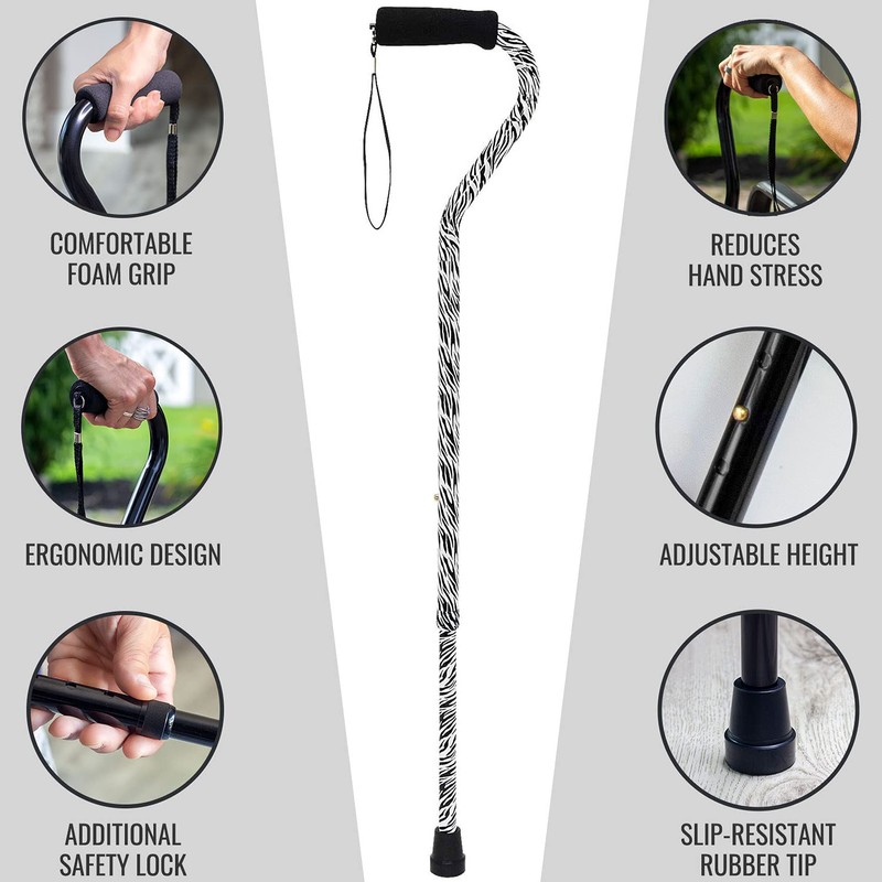 DMI Adjustable Designer Cane with Offset Handle and Strap, Zebra