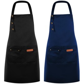 DASHUAIGE 2 Pack Kitchen Apron for Women, Adjustable Chef Bakers Apron with Pockets Unisex, Canvas Waterproof Apron for Home Kitchen, Restaurant, Coffee House (Black+Blue)