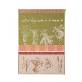 Coucke French Cotton Jacquard and Honeycomb Weave Towel, Legumes Racines (Root Vegetables), 20 by 30 Inches, Green