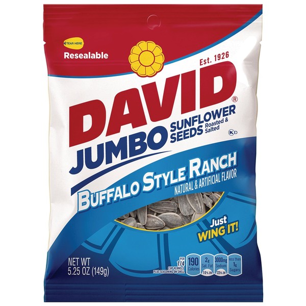 David Jumbo Roasted Salted Sunflower Seeds, Buffalo Ranch Flavor, 5.25oz Bags (Pack of 10)