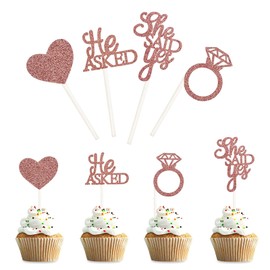 Bymivofun He Asked She Said Yes Cupcake Toppers, Diamond Ring Heart Cupcake Topper, for Wedding, Engagement, Bridal Shower, Stag Party Decoration, Pack of 36