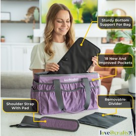 Large Craft Organizer Tote Bag - Art Bag 16 x 7.9 x 9.5 with Elastic Side Pockets to Keep Markers Tidy - Durable Craft Bag Organizer Tote - Caddy Organizer with Handle and Removable Divider (Purple)