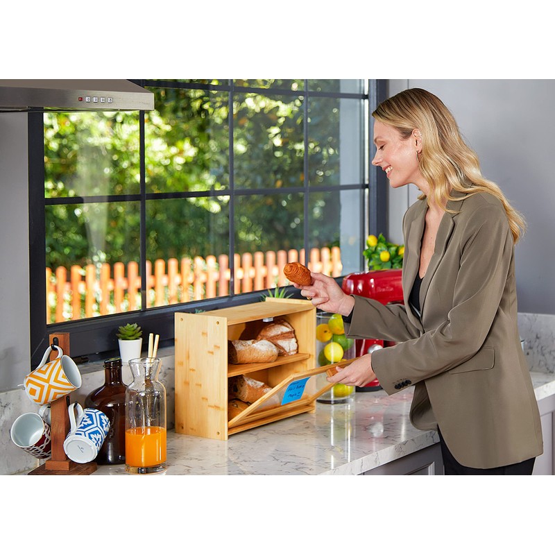 RoyalHouse Premium Bamboo Double Layer Bread Box With Clear Window,