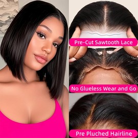Wear and Go Glueless Bob Wig Human Hair Pre Plucked Pre Cut 180% Density 14 Inch 5 x 5 HD Lace Front Glueless Wigs for Women Short Straight Bob Human Hair Wig Natural Colour
