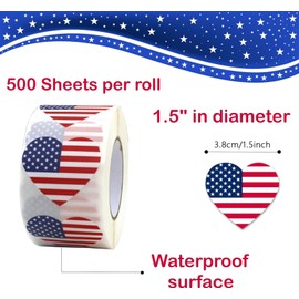 Opreng Heart Shaped American Flag Stickers, 500 PCS, 1.5 Inch