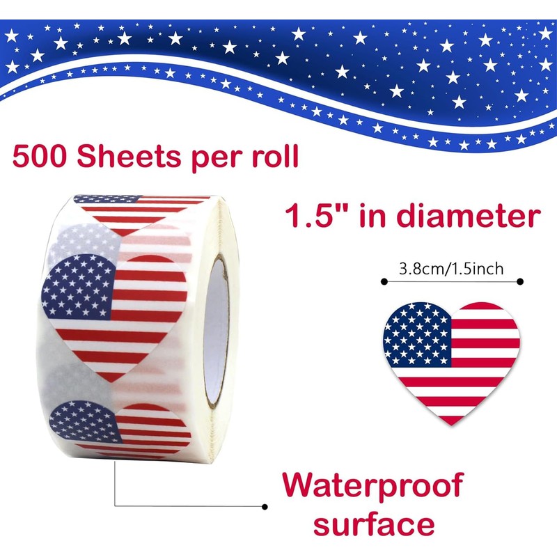 Opreng Heart Shaped American Flag Stickers, 500 PCS, 1.5 Inch