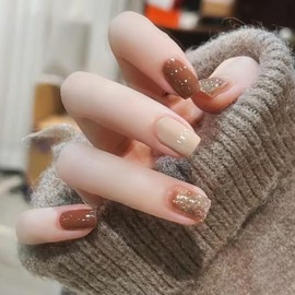 Nail Tips, Cute Design, Nail Seals, False Nails, Atmosphere, Easy Nail, Fashionable 3D Elegant High Quality, Glossy Type, Can be Used Repeatedly, Nail Art, Nail Parts, Weddings, Receptions, Coming-of-Age Ceremonies [Set of 24] (Brown, Medium)