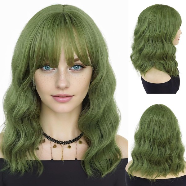GNIMEGIL 15 inch Matcha Green Wig with Bangs Women Girls