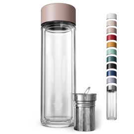 EVER VESSEL Glass Multi Tea Infuser Bottle 14oz - Double Wall Borosilicate Glass Flask | No Plastic Touches Contents | Perfect for Office or Home - Rose Pink