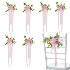 QRZLP 6PCS Wedding Aisle Pew Flowers, Rose Floral Wedding Chair Back Flowers with Leaves and Ribbons Decorations Flowers for Wedding Ceremony Party Church Chair. (Pink)